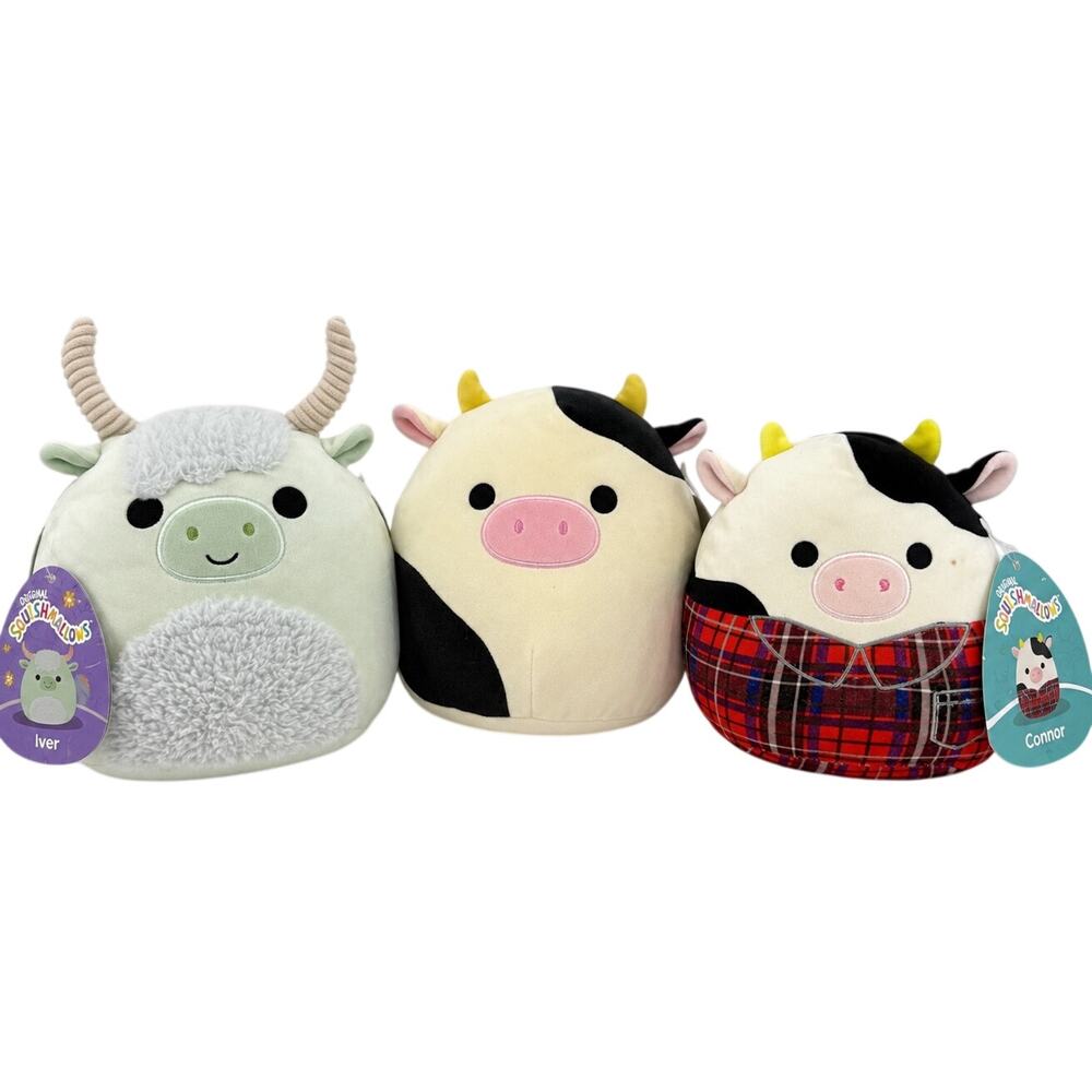 Squishmallows Cows Lot of 3 Connor Iver Highland Cow 8” Plush All w/ Tags